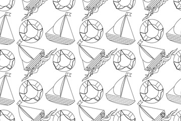 Obraz premium Seamless nautical-themed pattern for coloring. Features sailboats, life rings, and waves in black and white. Ideal for both kids and adults.