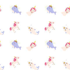 Cute unicorn seamless pattern for textile. Childish magic characters background. Childrens fairy and magic pattern.