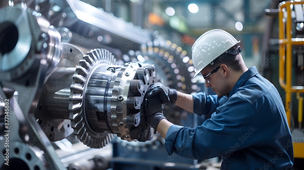 Poster wind turbine engineer inspecting gearbox for efficient power