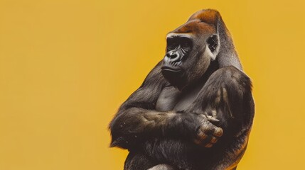 Obraz premium A brown-and-white monkey sits atop a yellow wall, crossing its arms and legs