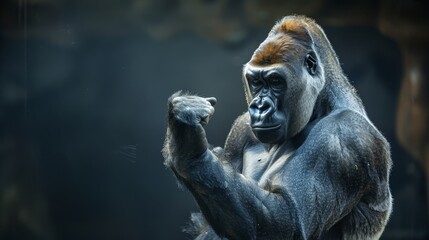 Obraz premium A close-up of a gorilla with one hand raised above its head and the other hand likewise