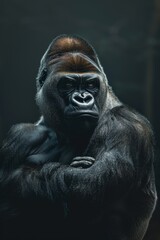 Obraz premium A gorilla stands in the dark, arms crossed, head turned to the side, hands on chest