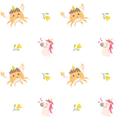 Cute unicorn seamless pattern for textile. Childish magic characters background. Childrens fairy and magic pattern.