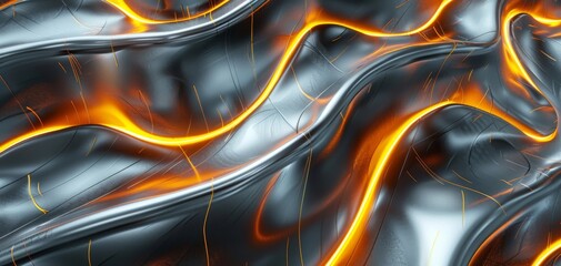 Abstract background with flowing metallic and glowing orange textures.