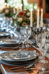 an elegantly set dining table with candles, fine china, and glassware, ready for a formal celebration