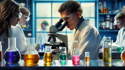 Focused Young Scientist Using a Microscope in a Laboratory Setting, Closeup of Microscope and Lab Equipment, Lab coat, lab, scientific research, microscope, laboratory