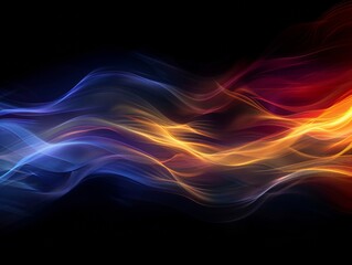 Abstract blue and orange wavy lines flow against a dark background.