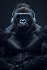 Fototapeta premium A gorilla in a gorilla suit, arms crossed, gazes seriously into the camera