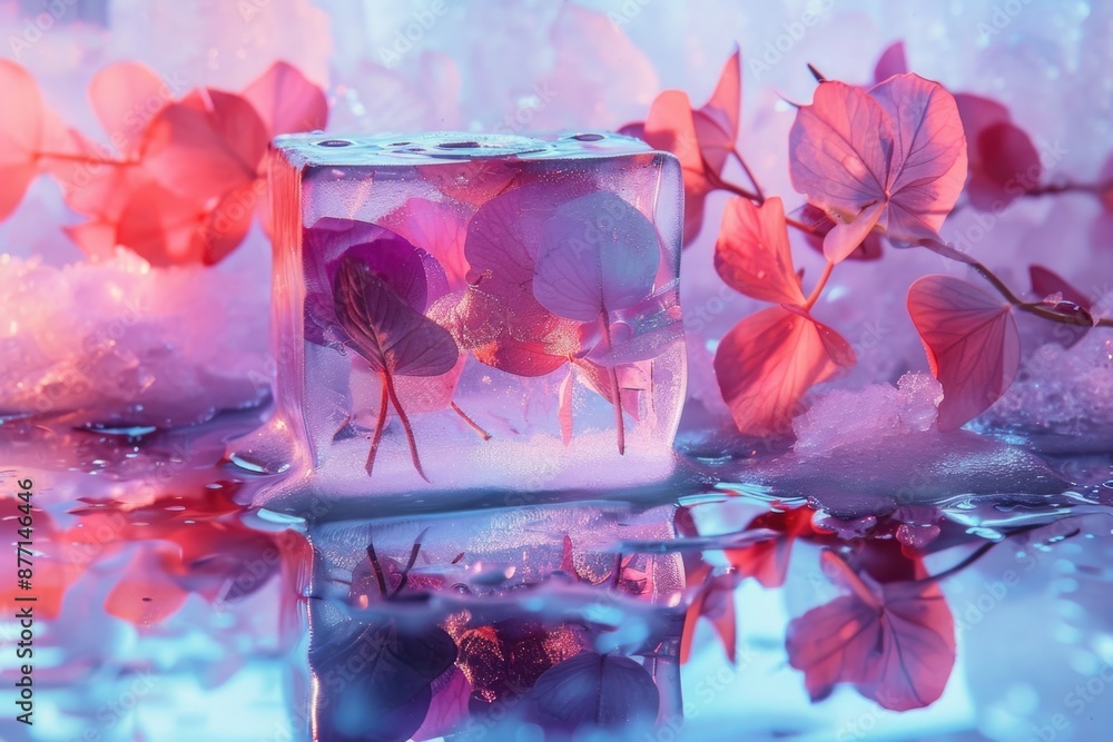 Poster a close-up shot of an ice block with flowers embedded inside, ideal for use in designs related to wi