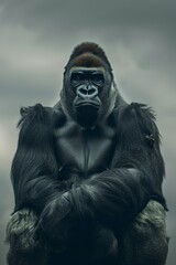Fototapeta premium Gorilla with crossed arms before face, cloudy sky behind