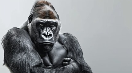 Fototapeta premium A gorilla facing forward, hands on chest, seriously gazing into camera against white backdrop