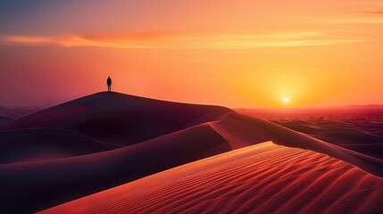 Solitary Figure on a Crimson Dune at Sunset, digital art, desert, landscape, sunset, dune, figure, silhouette, nature, sky, art, colors, vibrant, scenic, red, orange, yellow
