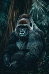 Obraz premium A gorilla, facing sideways, sits amidst the forest with trees as a backdrop
