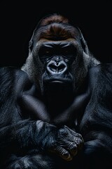 Obraz premium A gorilla sits in the dark, hands on chest, head rested there