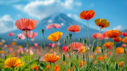 Vibrant poppy flowers in a sunny meadow with a clear blue sky and a distant mountain background, conveying freshness and tranquility.