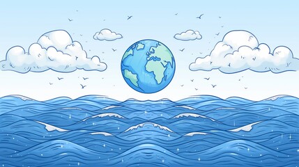 This illustration features Planet Earth suspended over undulating ocean waves, set against a serene sky with drifting clouds.