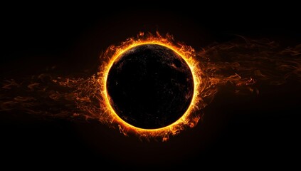 Black background, solar eclipse with glowing flames around the sun