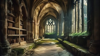 Fototapeta premium Sunlight Through the Archway of an Ancient Library, Stone, Arch, Light, Library
