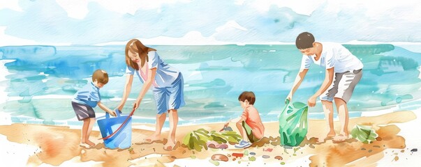 Watercolor painting of a family cleaning a beach, symbolizing environmental consciousness and teamwork in a serene coastal setting.