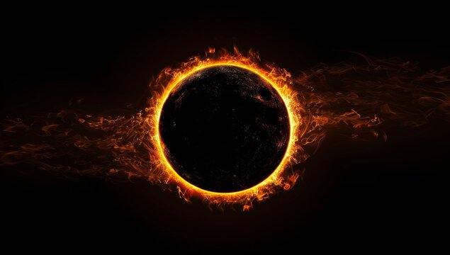 Black background, solar eclipse with glowing flames around the sun - Powered by Adobe