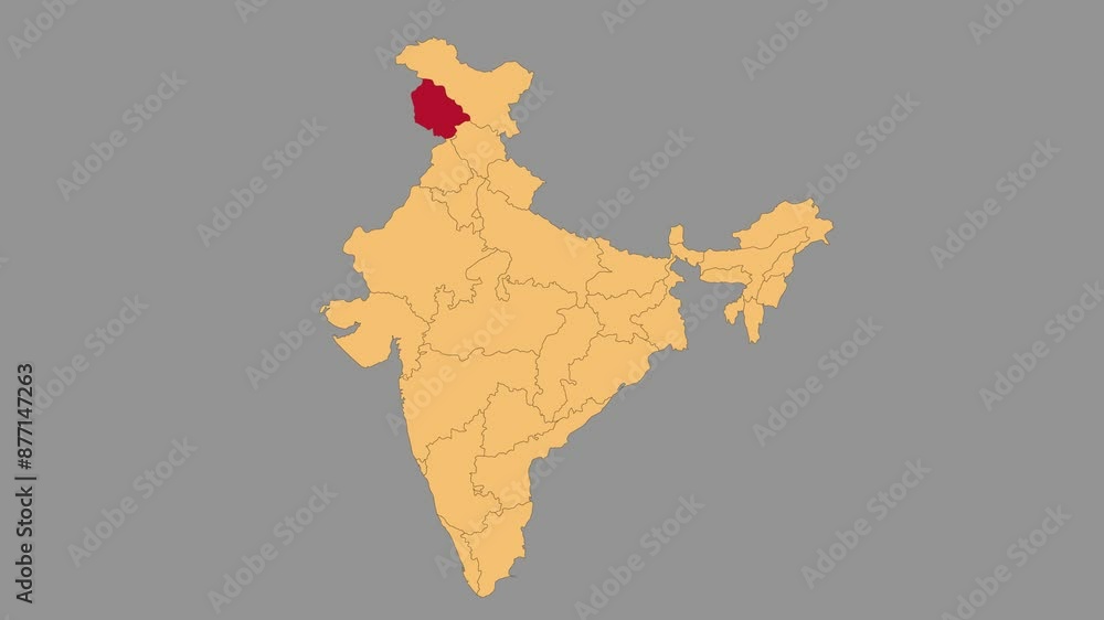 Wall mural Jammu & Kashmir map animated video. Map Highlighted on the India map with animation and colour with Gray background in video format.