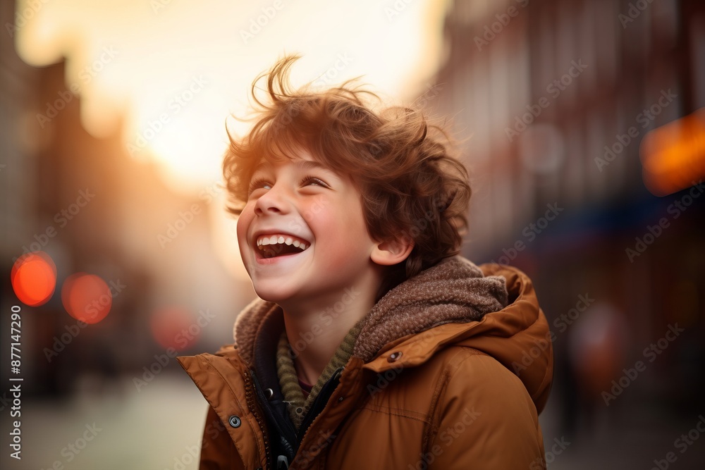 Sticker Portrait of a happy boy in the city at sunset. Shallow depth of field.