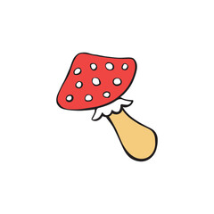 Cute mushroom line drawn with spots. Fly agaric doodle. Autumn seasonal element isolated on white background. Children's colorful illustration