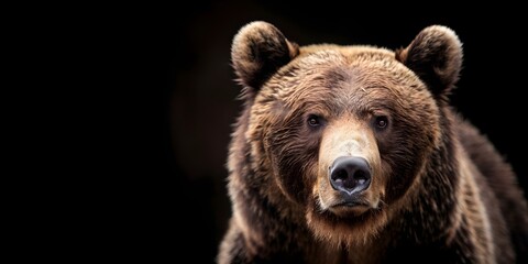 Fototapeta premium Front view of brown bear on black background digital art portrait. Concept Wildlife, Digital Art, Brown Bear, Front View, Black Background