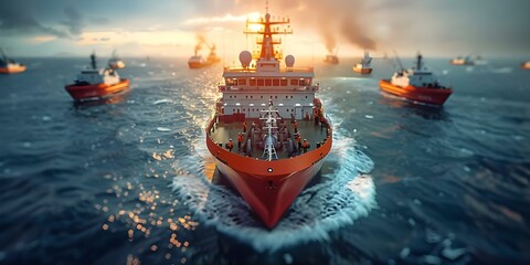 Fototapeta premium Coast Guard ships surrounding distressed tanker. Concept Maritime Emergency, Coast Guard Response, Distressed Tanker, Search and Rescue, Vessel Incident