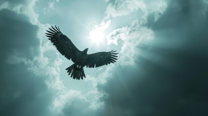 Obraz premium A bird flies against a backdrop of cloudy sky, with the sun obscured yet glimpsed through the feathered edges behind its wings