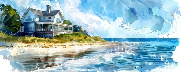 Beautiful coastal house by the sea, capturing serene beach scenes with watercolor artwork and vibrant ocean waves.