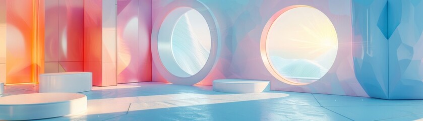 Abstract, colorful, and futuristic room with large windows.