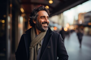 Portrait of a handsome bearded man in a coat and scarf in the city.
