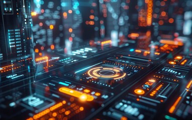 Fototapeta premium Abstract futuristic digital city with glowing lights and technology.