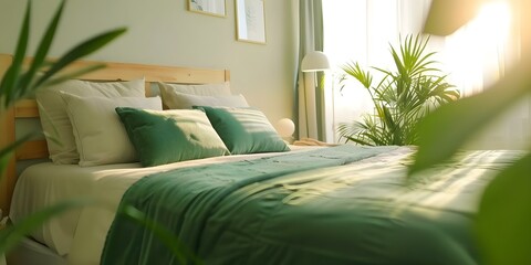 Bedroom with round windows green tones wooden bed vintage posters and plants. Concept Vintage Bedroom Décor, Round Windows, Green Tones, Wooden Bed, Vintage Posters, Indoor Plants