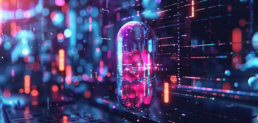 Obraz premium Abstract glowing capsule with digital code and colorful bokeh lights.