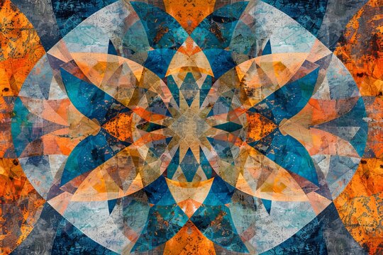 Abstract geometric pattern in shades of blue, orange and brown.  A symmetrical design with a central focal point.  Ideal for backgrounds or design elements.