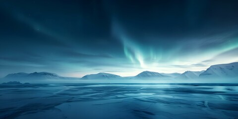 Arctic research station in frozen landscape under northern lights. Concept Arctic Research Station, Frozen Landscape, Northern Lights, Scientific Exploration, Extreme Environment