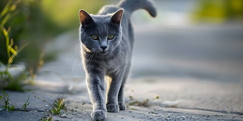 Gray cat found on the road returns home seeking owner or shelter. Concept Lost Cat, Looking for Owner, Found Cat, Shelter, Gray Cat
