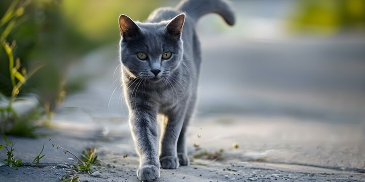 Gray cat found on the road returns home seeking owner or shelter. Concept Lost Cat, Looking for Owner, Found Cat, Shelter, Gray Cat