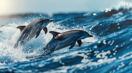 Fototapeta premium Dolphins leaping out of the ocean during sunset