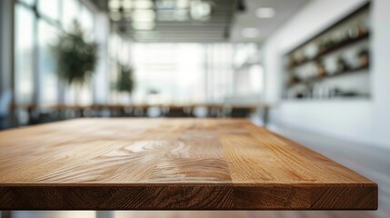 A wooden board sat on the table in the empty office room with a blurry background