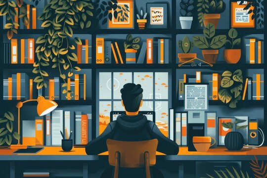 Flat design illustration of a student using a tablet to follow an online course while sitting at a desk in a quiet room. The desk is organized with study materials, and the background includes