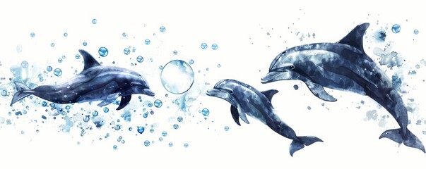 Fototapeta premium Beautiful watercolor illustration of three playful dolphins swimming with bubbles on a white background.