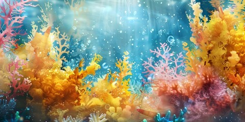 Colorful watercolor painting of underwater golden sea moss in a marine setting. Concept Watercolor Painting, Underwater Scene, Golden Sea Moss, Marine Environment