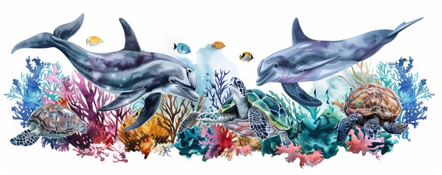 Colorful underwater scene with dolphins, sea turtles, and vibrant coral, showcasing marine life in a vivid aquatic ecosystem.