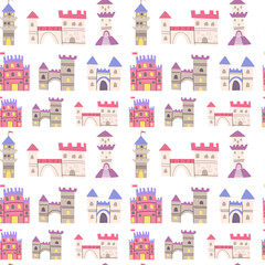 Childrens castle pattern. Cartoon fairy building background. Cute childish magic pattern for decoration, cover.