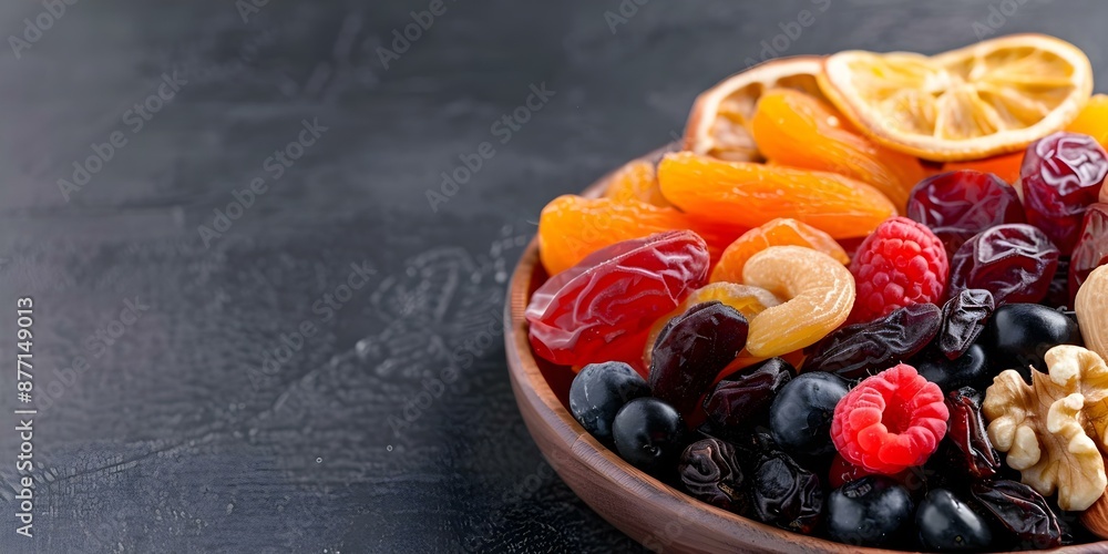 Poster rustic table with vibrant dried fruits assorted nuts creating visually appealing still life. concept