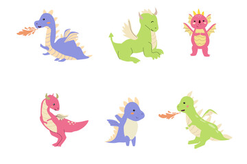 Childrens dragons collection. Fairy cute animals in childish style. Magic characters in scandinavian style. Baby dragons bundle.