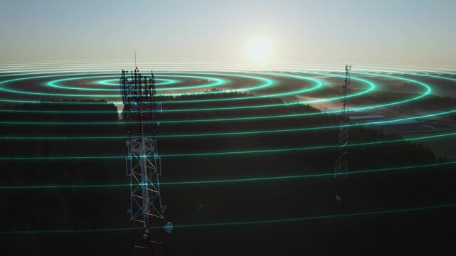 Two mobile telecommunication cell towers exchange telecommunication signal. 4G 5G mobile network. Telecommunication towers on transmit radio wave signals around itself. High quality 4k footage